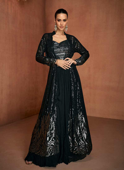 Black Sequins Embroidery Jacket Style Lehenga