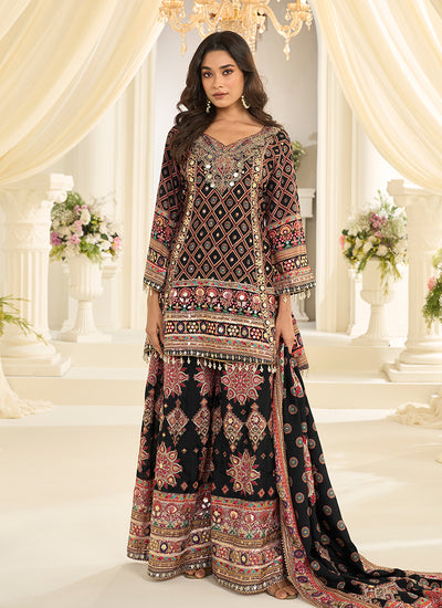 Black Multicolored Embroidery Palazzo Style Suit
