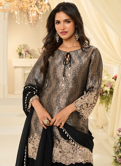 Black Handwork Embroidery Palazzo Style Suit