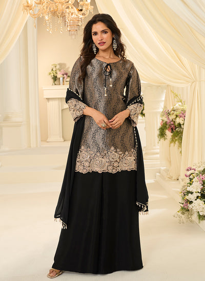 Black Handwork Embroidery Palazzo Style Suit