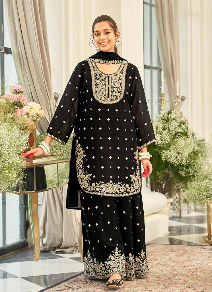Black Multicolored Embroidery Palazzo Suit