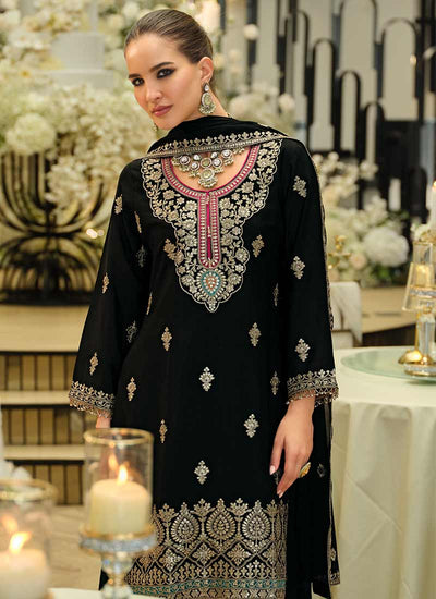 Black Traditional Embroidery Palazzo Suit