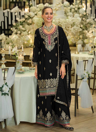 Black Traditional Embroidery Palazzo Suit