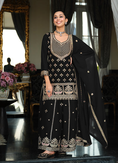 Black Multi Embroidery Traditional Palazzo Style Suit