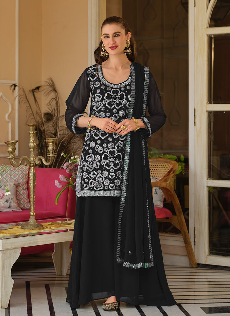Black Embroidered Georgette Palazzo Suit