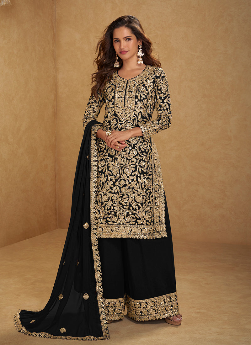 Black Embroidered Festive Palazzo Suit