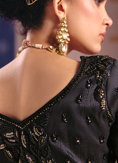 Midnight Black Embroidered Tissue Silk Saree
