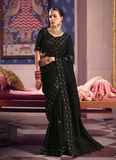 Midnight Black Embroidered Tissue Silk Saree