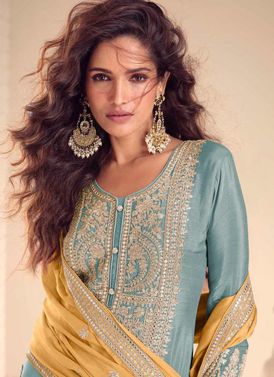 Blue and Yellow Embroidered Farshi Shalwar Suit