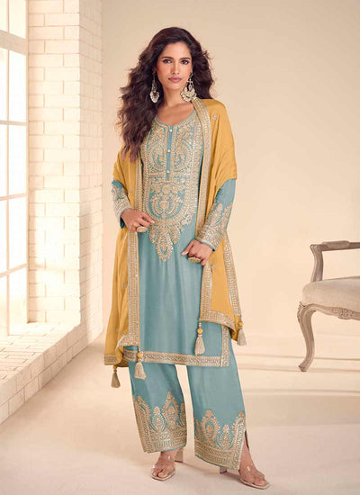 Blue and Yellow Embroidered Farshi Shalwar Suit