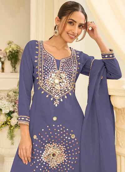 Blue Mirror Embroidered Gharara Style Suit
