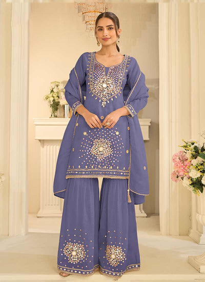 Blue Mirror Embroidered Gharara Style Suit