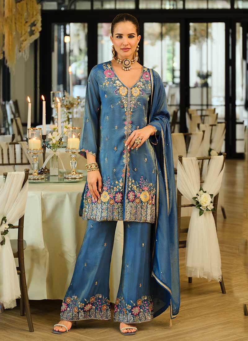 Blue Multi Embroidered Traditional Palazzo Suit