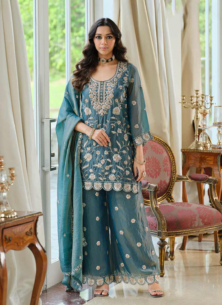 Blue Embroidered Kurta Palazzo Suit