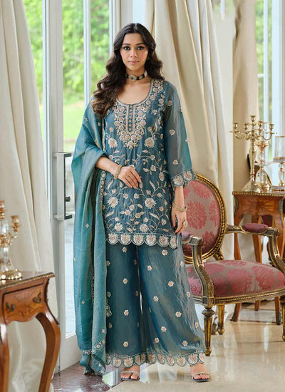 Blue Embroidered Kurta Palazzo Suit