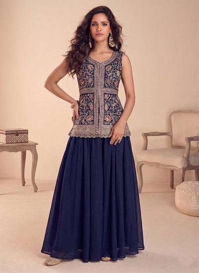 Blue Multi Embroidered Designer Peplum Palazzo Suit