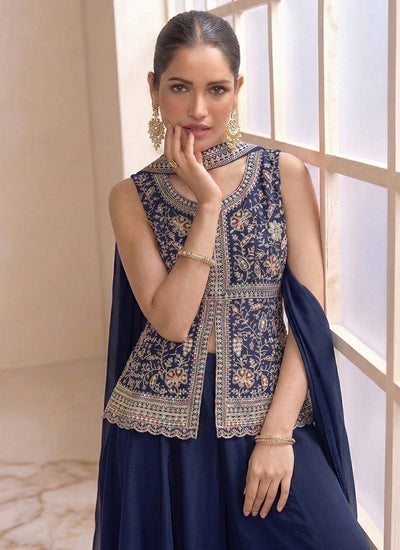 Blue Multi Embroidered Designer Peplum Palazzo Suit