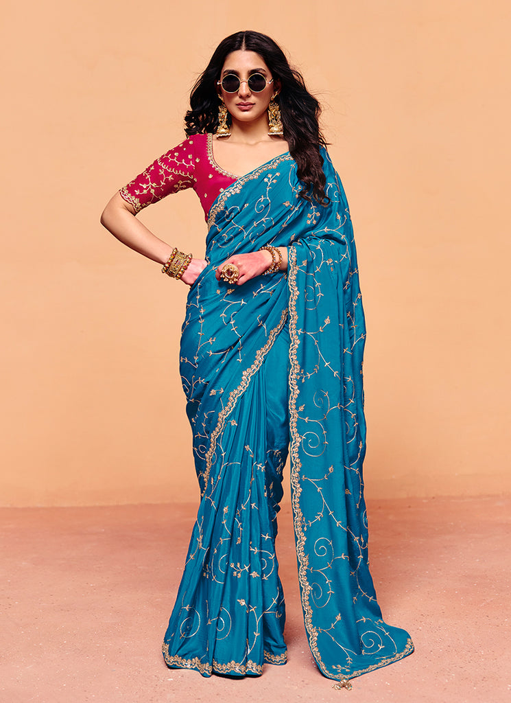 Blue and Magenta Embroidered Bridal Saree