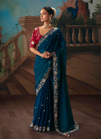 Blue and Red Embroidered Party Wear Silk Saree