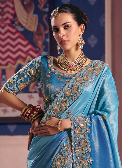 Blue Ombré Embroidered Tissue Silk Saree
