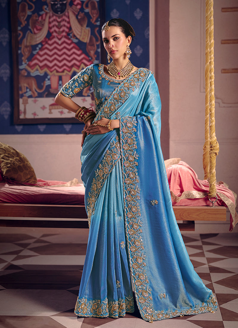 Blue Ombré Embroidered Tissue Silk Saree
