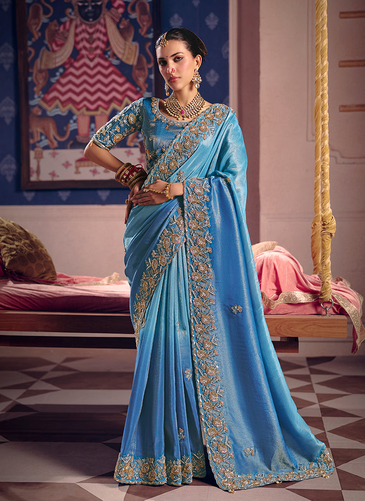 Blue Ombré Embroidered Tissue Silk Saree