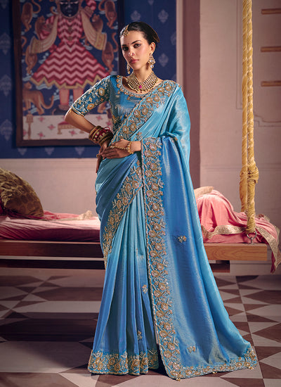 Blue Ombré Embroidered Tissue Silk Saree