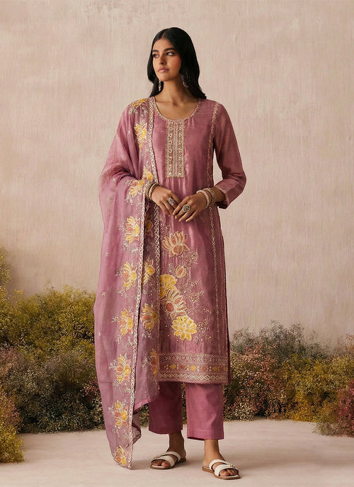 Blush Pink Floral Embroidery Pant Style Suit