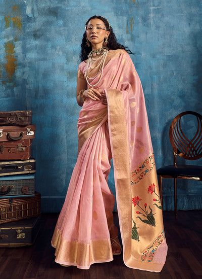 Blush Pink Floral Brocade Silk Saree
