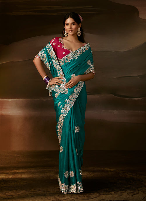 Shop Turquoise Embroidered Organza Silk Saree 