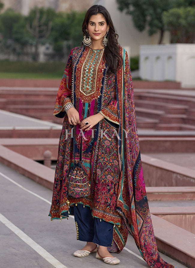 Red And Blue Multi Embroidered Pakistani Suit