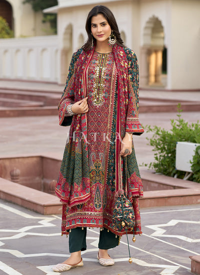 Red And Green Multi Embroidered Pakistani Suit