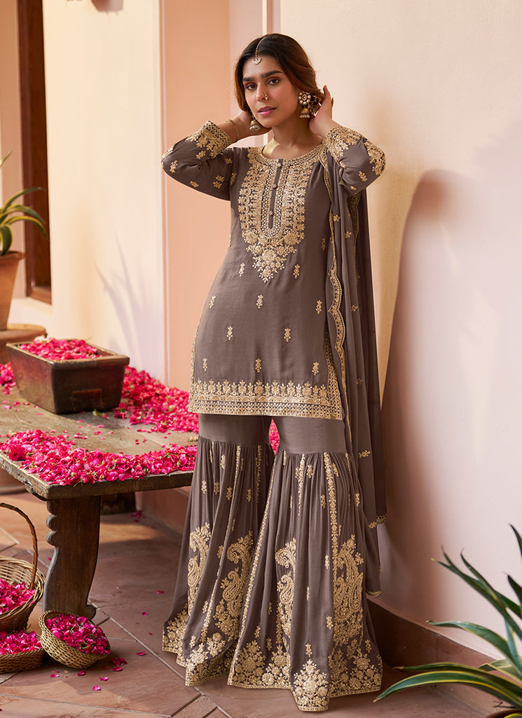 Brown Embroidered Gharara Style Suit