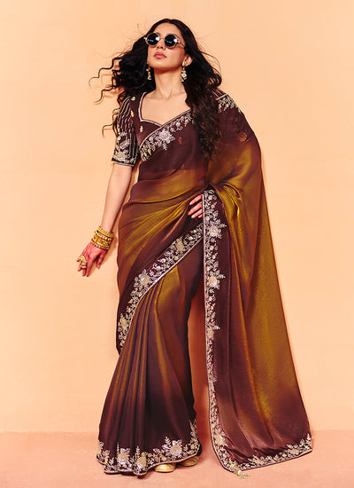 Brown Ombré Embroidered Bridal Saree
