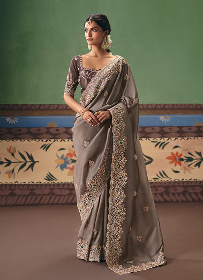 Brown Ombré Handwork Embroidered Silk Saree