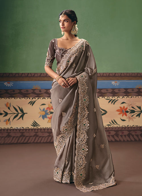 Brown Ombré Handwork Embroidered Silk Saree
