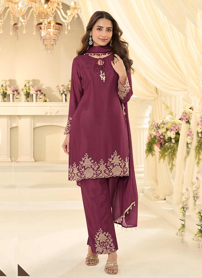 Burgundy Embroidered Pakistani Pant Style Suit