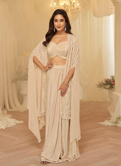 Champagne Gold Embroidery Jacket Style Indo Western Set