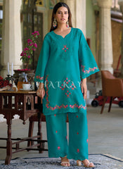 Turquoise Thread Embroidery Silk Co-Ord Set