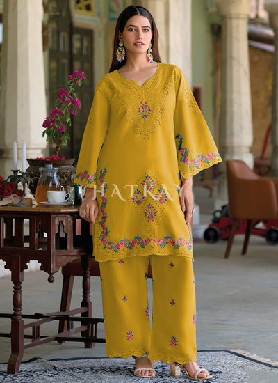 Yellow Thread Embroidery Silk Co-Ord Set