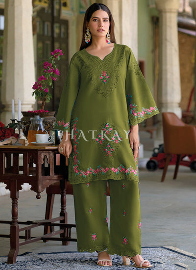 Green Thread Embroidery Silk Co-Ord Set