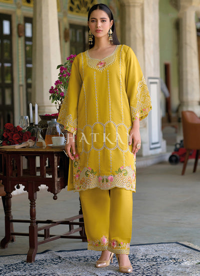 Yellow Multi Thread Embroidery Silk Co-Ord Set