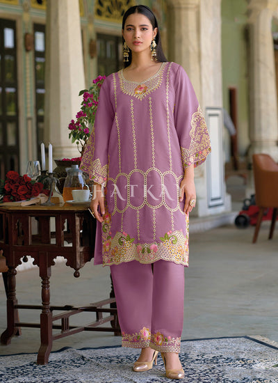 Purple Multi Thread Embroidery Silk Co-Ord Set