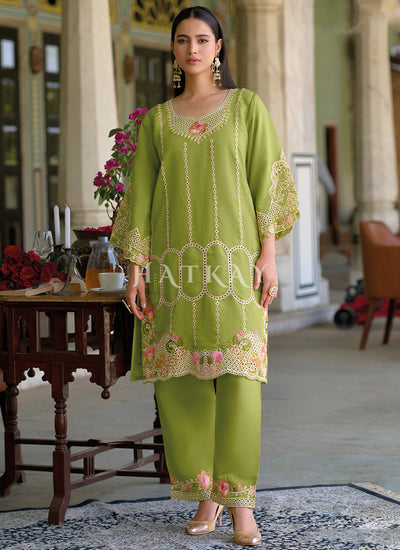 Green Multi Thread Embroidery Silk Co-Ord Set