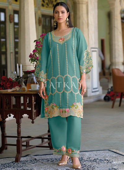Teal Blue Multi Thread Embroidery Silk Co-Ord Set