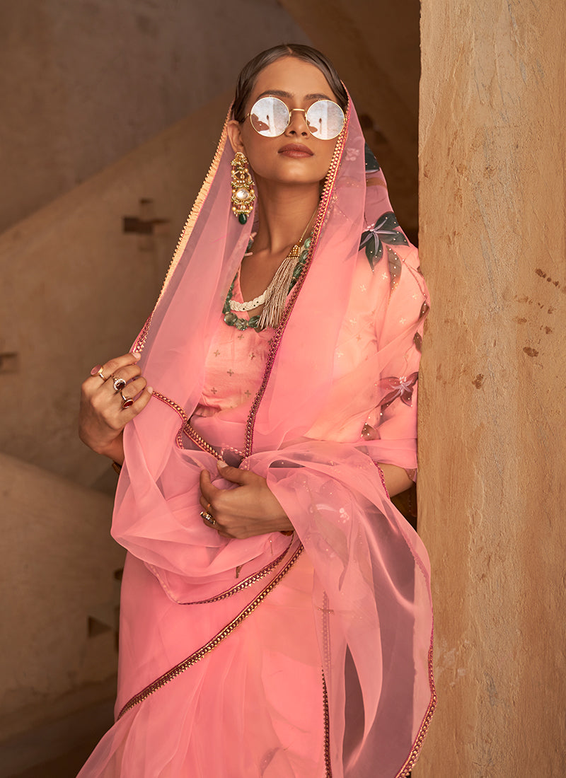 Coral Peach Printed Festive Saree