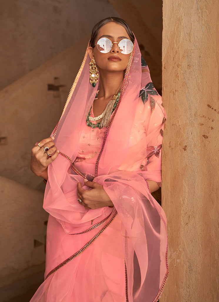 Coral Peach Printed Festive Saree