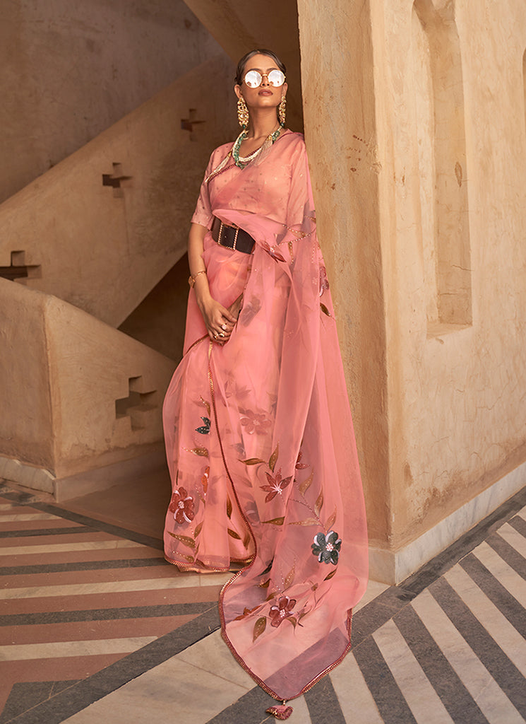 Coral Peach Printed Festive Saree