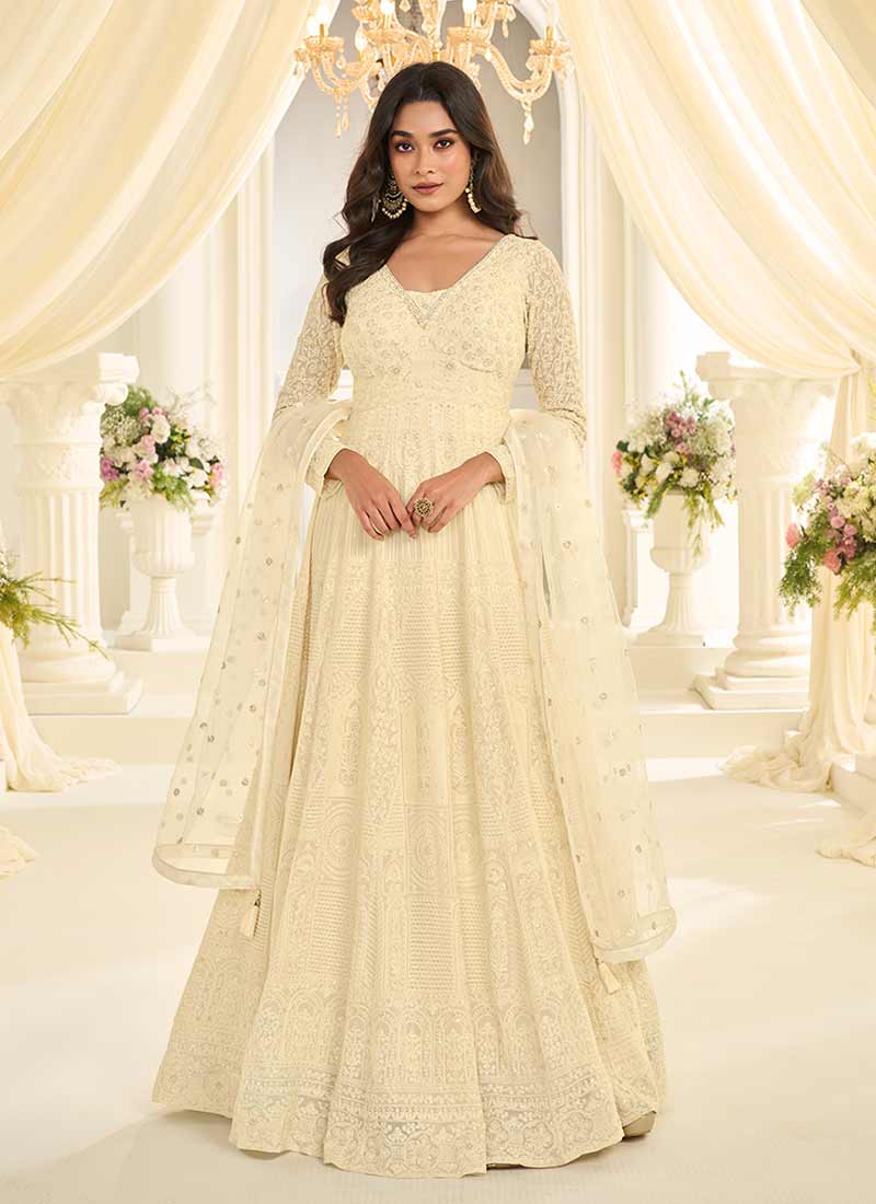 Cream Lucknowi Embroidered Anarkali Suit