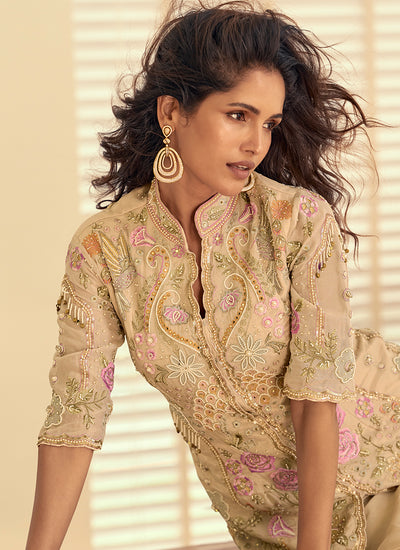 Cream Beige Handwork Embroidery Palazzo Suit